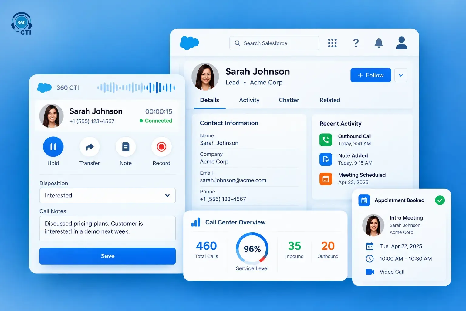 Salesforce CTI dashboard for customer call management and CRM integration.   Copy alt text